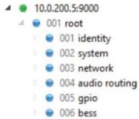 10.0.200.5:9000 001 root 001 identity 002 system 003 network 004 audio routing 005 gpio 006 bess