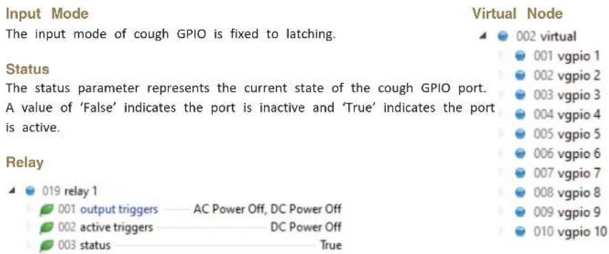 Input Mode The input mode of cough GPIO is fixed to latching. Status The status parameter represents the current state of the cough GPIO port. A value of 'False' indicates the port is inactive and 'True' indicates the port is active. Relay 019 relay 1 001 output triggers —— AC Power Off, DC Power Off 002 active triggers —— DC Power Off 003 status —— True Virtual Node 002 virtual 001 vgpio 1 002 vgpio 2 003 vgpio 3 004 vgpio 4 005 vgpio 5 006 vgpio 6 007 vgpio 7 008 vgpio 8 009 vgpio 9 010 vgpio 10