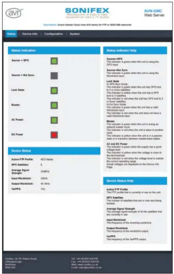 SONIFEX Manufacturers of audio & video equipment for radio & TV studio AVN-GMC Web Server Description: Grand Master Clock from AVN family for PTP or SEB/168 networks Status - Device Info - Configuration - System Status Indicator Help Source→GPS: The indicator is green when the unit is using the GPS…
