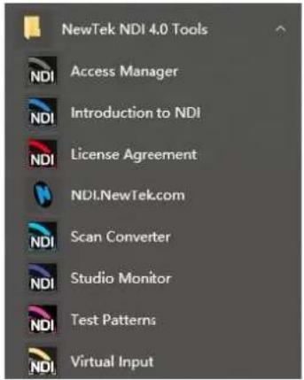 NewTek NDI 4.0 Tools NDI Access Manager NDI Introduction to NDI NDI License Agreement NDI.NewTek.com NDI Scan Converter NDI Studio Monitor NDI Test Patterns NDI Virtual Input