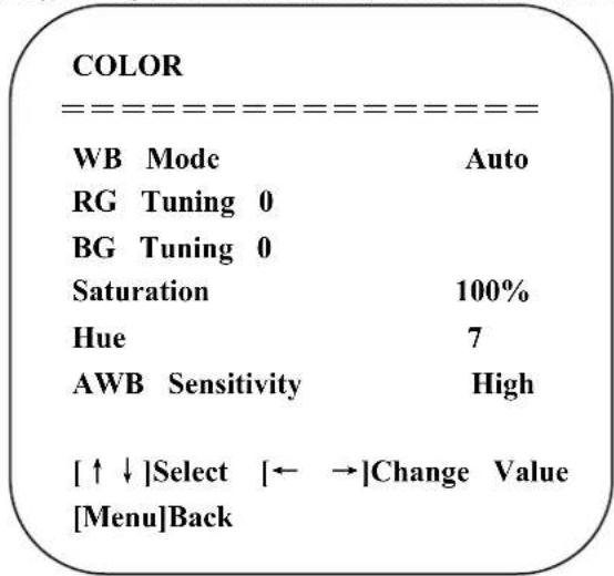 COLOR WB Mode Auto RG Tuning 0 BG Tuning 0 Saturation 100% Hue 7 AWB Sensitivity High [↑↓]Select [← →]Change Value [Menu]Back