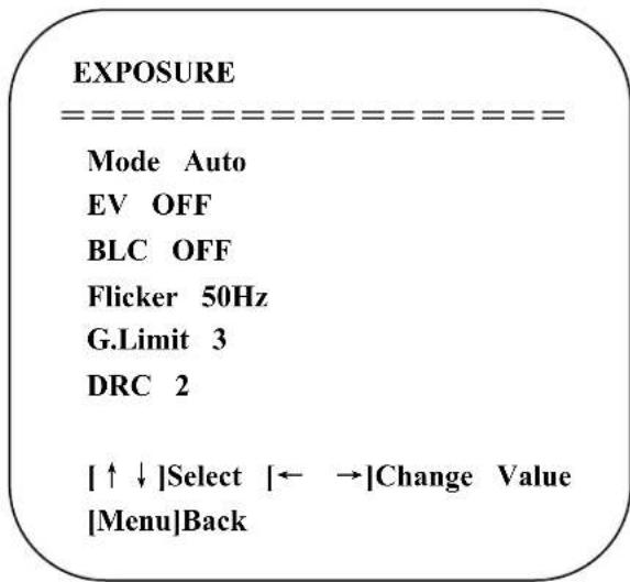 EXPOSURE ===================== Mode Auto EV OFF BLC OFF Flicker 50Hz G.Limit 3 DRC 2 [↑↓]Select |← →|Change Value [Menu]Back