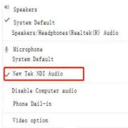 Speakers ✓ System Default Speakers/Headphones(Realtek(R) Audio ✓ Microphone System Default ✓ New Tek NDI Audio Disable Computer audio Phone Dail-in Video option