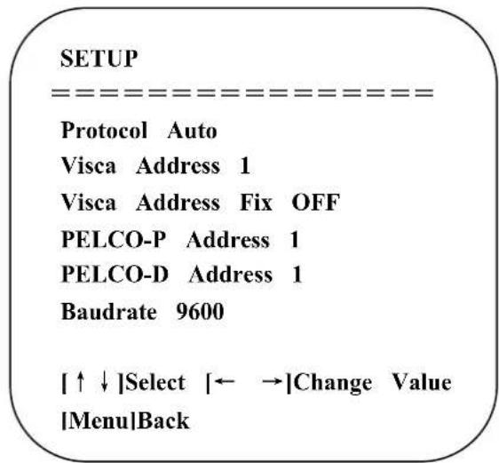 SETUP --------==------------------ Protocol Auto Visca Address 1 Visca Address Fix OFF PELCO-P Address 1 PELCO-D Address 1 Baudrate 9600 [↑↓]Select |← →|Change Value [Menu]Back