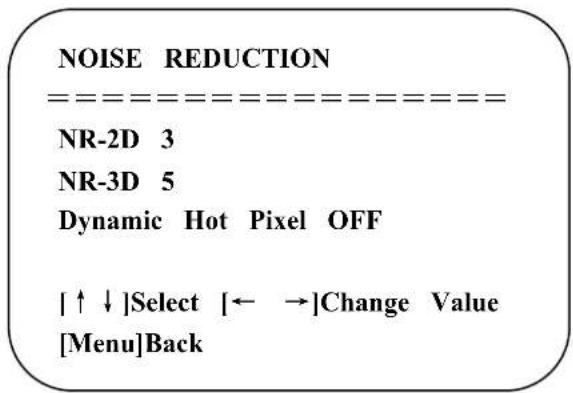 NOISE REDUCTION NR-2D 3 NR-3D 5 Dynamic Hot Pixel OFF [↑↓]Select [← →]Change Value [Menu]Back