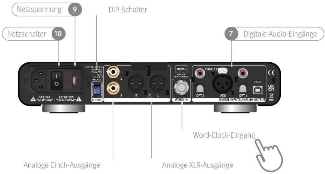 Netzspannung 9 DIP-Schalter Netzschalter 10 7 Digitale Audio-Eingänge CAUTION ATTENTION Solutions R R L Word IN COAX 2 CDAV OPT 2 AES OPT 3 USB Digital Inputs Analog Outputs Word-Clock-Eingang Analoge Cinch-Ausgänge Analoge XLR-Ausgänge