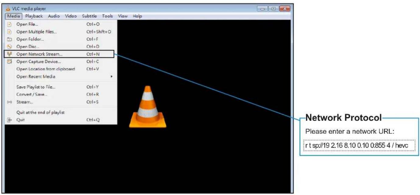 VLC media player Media Playback Audio Video Subtle Tools View Help Open File... Ctrl+O Open Multiple Files... Ctrl+Shift+O Open Folder... Ctrl+F Open Disc... Ctrl+D Open Network Stream... Ctrl+N Open Capture Device... Ctrl+C Open Location from clipboard Ctrl+V Open Recent Media Save Playlist to File... Ctrl+Y Convert / Save... Ctrl+R Stream... Ctrl+S Quit at the end of playlist Quit Ctrl+Q Network Protocol Please enter a network URL: r t sp://19 2.16 8.10 0.10 0:855 4 / hevc