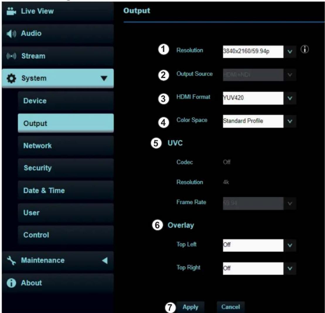 Live View Audio Stream System Device Output Network Security Date & Time User Control Maintenance About Output Resolution 3840x2160/59.94p Output Source HDMI+NDI HDMI Format YUV420 Color Space Standard Profile UVC Codec Off Resolution 4k Frame Rate 59.94 Overlay Top Left Off Top Right Off Apply Cancel