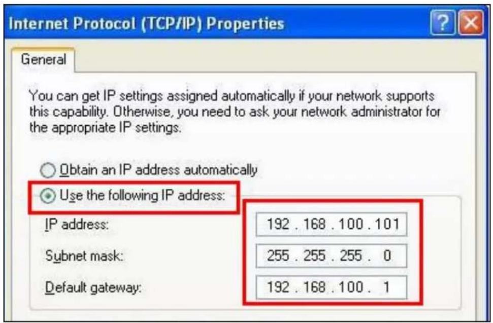 Internet Protocol (TCP/IP) Properties General You can get IP settings assigned automatically if your network supports this capability. Otherwise, you need to ask your network administrator for the appropriate IP settings. Obtain an IP address automatically Use the following IP address: IP address: 192 . 168 . 100 . 101 Subnet mask: 255 . 255 . 255 . 0 Default gateway: 192 . 168 . 100 . 1