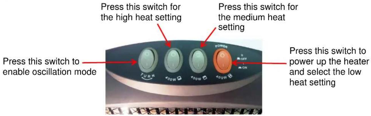 Press this switch to enable oscillation mode Press this switch to the high heat setting Press this switch for the medium heat setting Press this switch to power up the heater and select the low heat setting