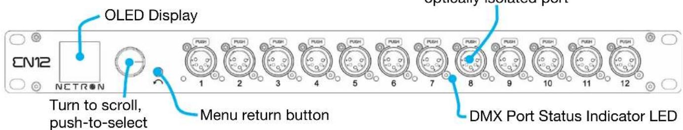 OLED Display CN12 NCTRON Turn to scroll, push-to-select Menu return button optically isolated port DMX Port Status Indicator LED