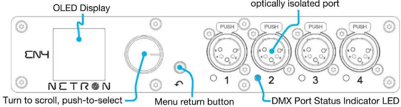 OLED Display CN4 NETRON Turn to scroll, push-to-select Menu return button optically isolated port 1 2 3 4 DMX Port Status Indicator LED