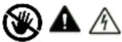 Warning symbols including a hand holding a prohibition sign, an exclamation mark, and a triangular warning symbol.