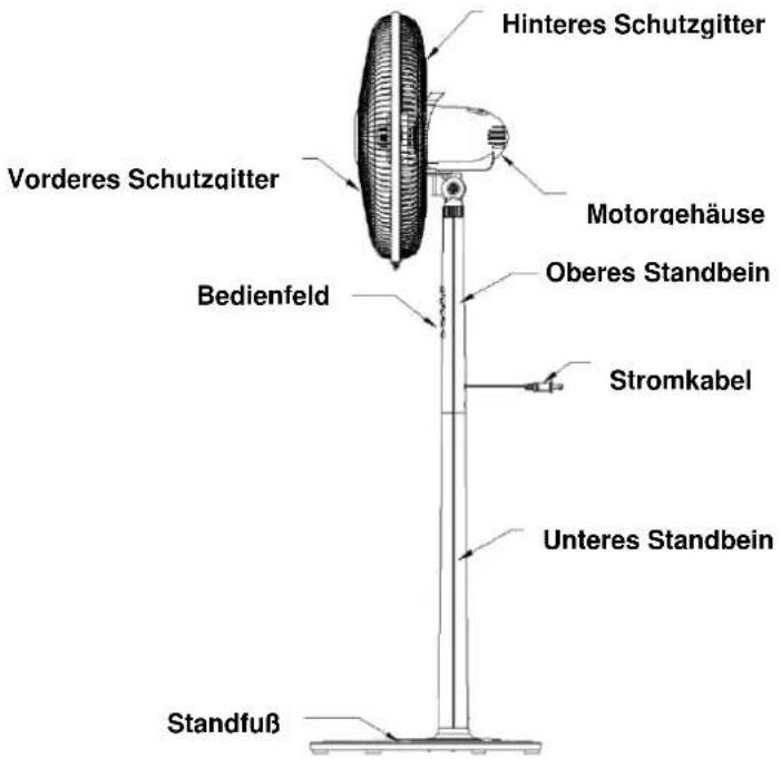 Hinteres Schutzgitter Vorderes Schutzgitter Motorgehäuse Oberes Standbein Bedienfeld Stromkabel Unteres Standbein Standfuß