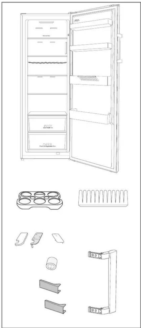 Technical line drawing of a refrigerator with labeled compartments and exploded view of battery pack components