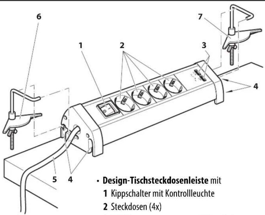 Design-Tischsteckdosenleiste mit 1 Kippschalter mit Kontrollleuchte 2 Steckdosen (4x)