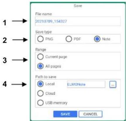 1 → 2 → 3 → 4 → Save File name 20210709_154327 Save type ○ PNG ○ PDF ● Note Range ○ Current page ● All pages Path to save ● Local ELMONote ... ○ Cloud ○ USB memory SAVE CANCEL