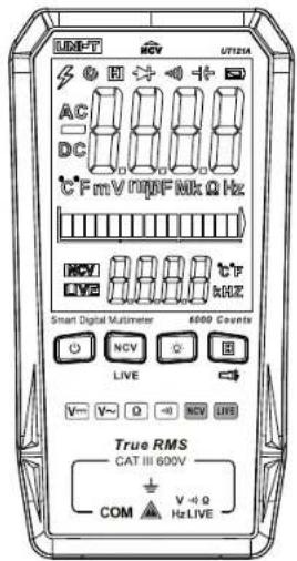 UNI-T AC DC C FmV MHz MΩ Hz MCV LVE MCV Smart Digital Multimeter 6000 Counts NCV LIVE V~ V~ D ~ NCV LIVE True RMS CAT III 600V COM V -0 Ω Hz LIVE