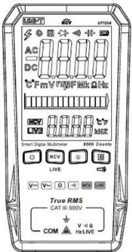 MOD-T HV UT12A AC DC °C FmV MHz Nk 0 Hz HCV LIVE Smart Digital Multimeter 8600 Counts NCV LIVE V~ V~ Q -R NCV LIVE True RMS CAT III 800V V-1.0 COM Hz LIVE
