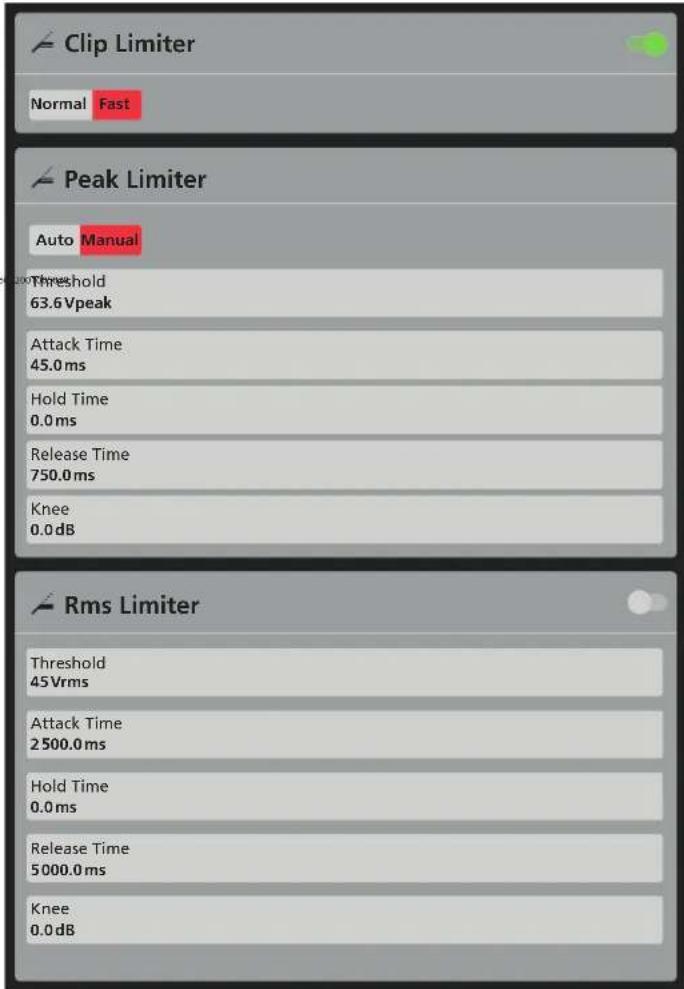 Clip Limiter Normal Fast Peak Limiter Auto Manual Threshold 63.6Vpeak Attack Time 45.0 ms Hold Time 0.0 ms Release Time 750.0 ms Knee 0.0 dB Rms Limiter Threshold 45Vrms Attack Time 2500.0 ms Hold Time 0.0 ms Release Time 5000.0 ms Knee 0.0 dB