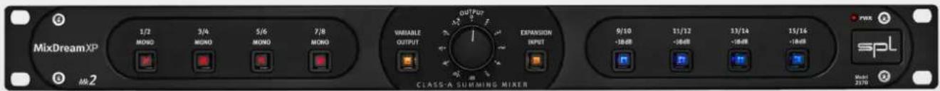 MixDreamXP 1/2 MOND 3/4 MOND 5/6 MOND 7/8 MOND Output VARIABLE OUTPUT EXPANSION INPUT 9/10 -10dB 11/12 -10dB 13/14 -10dB 15/16 -10dB PWR spl Model 2070 M2