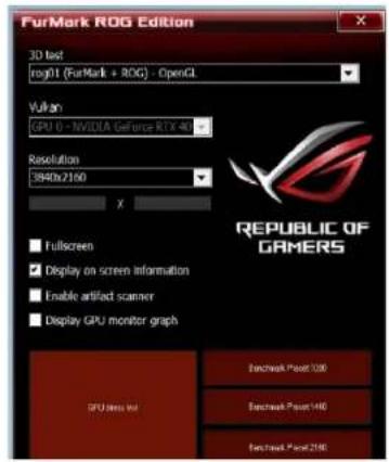 FurMark ROG Edition 3D fast rog01 (FurMark + ROG) - OpenGL Vulkan GPU 6 - NVIDIA GeForce RTX 40 Resolution 3940x2160 X ■ Fullscreen ■ Display on screen information ■ Enable artifact scanner ■ Display GPU monitor graph REPUBLIC OF GAMERS CPU lens wt Enchwick Point 700 Enchwick Point 140 Enchwick Point 210