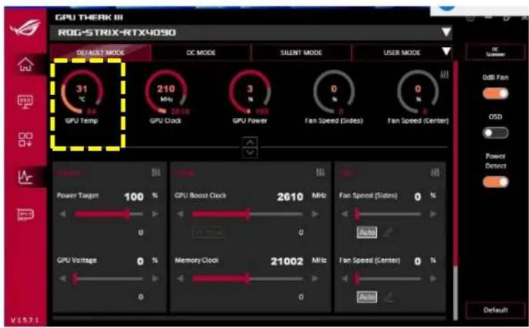 GPU THERK III ROG-STRIX-RTX4050 DEFAULT MODE OC MODE SILENT MODE USER MODE 31 °C 210 MHz 3 % 0 0 0 GPU Temp GPU Clock GPU Power Fan Speed (Slides) Fan Speed (Center) Power Target 100 % GPU Boost Clock 2610 MHz Fan Speed (Slides) 0 % Auto GPU Voltage 0 % Memory Clock 21002 MHz Fan Speed (Center) 0 % Auto V1571 OK Scenarios Odb Fan OSD Power Detect Default