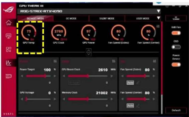 GPU T8eak III ROG-STRIX-RTX4050 DEFAULT MODE OC MODE SILENT MODE USER MODE 75 °C GPU Temp 2760 MHz 2910 GPU Clock 97 GHz GPU Power 1100 Fan Speed (Slides) 80 Hz Fan Speed (Center) 80 Hz Power Target 100 % GPU Boost Clock 2610 MHz Auto GPU Voltage 0 % Memory Clock 21002 MHz Fan Speed (Slides) 80 % Auto Auto V1571 DC Scanner 0dB Fan OSD Power Detect Default