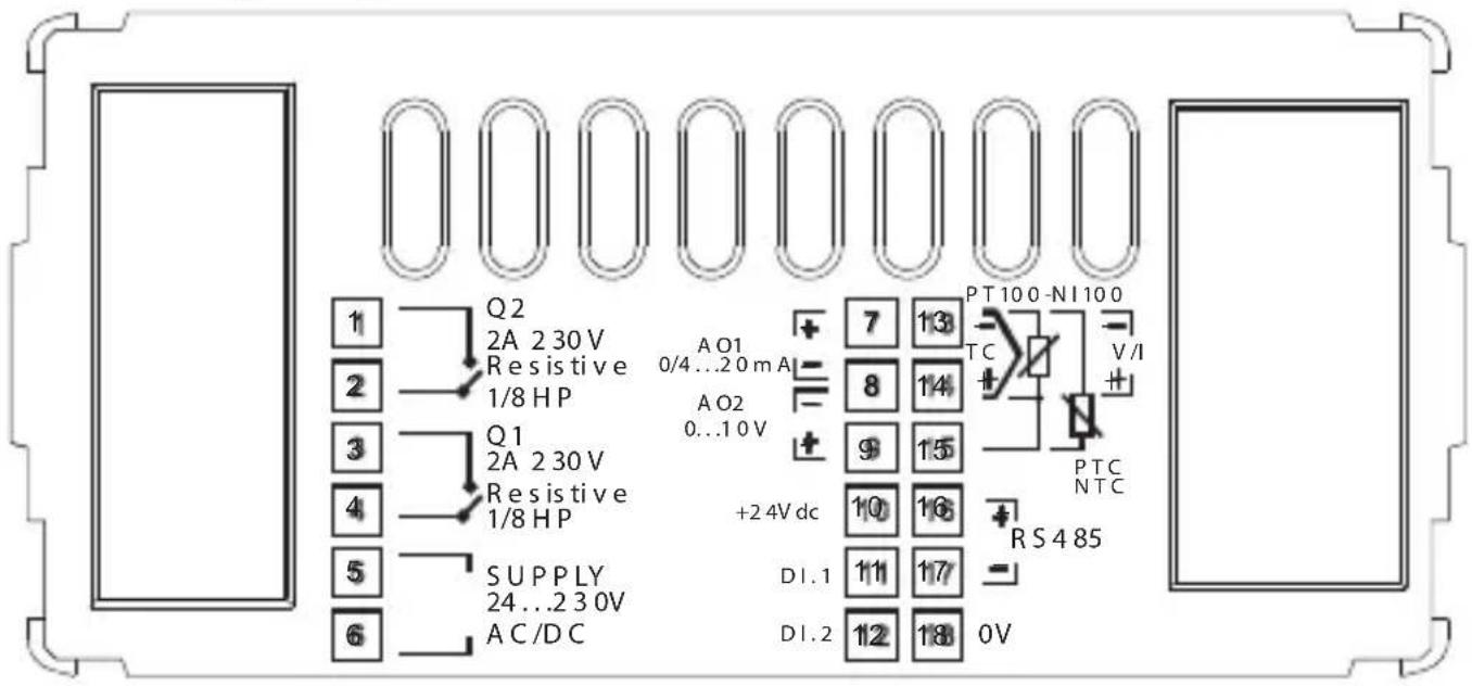 Q2 2A 230V Resistive 1/8 HP AO1 0/4...20mA AO2 0...10V +7 13 8 14 9 15 +24V dc DI.1 111 17 DI.2 112 18 PT100-NI100 TC PTC NTC RS485 V/I +