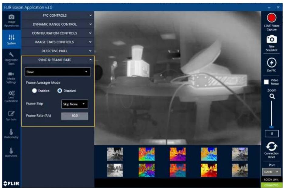 FLIR Boson Application v3.0 FFC CONTROLS DYNAMIC RANGE CONTROL CONFIGURATION CONTROLS IMAGE STATS CONTROLS DEFECTIVE PIXEL SYNC & FRAME RATE Slave Frame Averager Mode Enabled Disabled Frame Skip Skip None Frame Rate (F/s) 60.0 Start Video Capture Take Snapshot Do FFC Video Freeze Zoom 0 Connection Reset Port: COMEXI BOSON LINK CONNECTED Diagnostic Tools Media Settings Larm Calibration Symbols Radiometry Isotherms FLIR