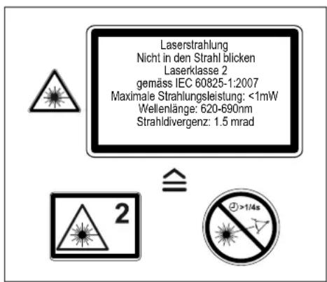 Laserstrahlung Nicht in den Strahl blicken Laserklasse 2 gemäss IEC 60825-1:2007 Maximale Strahlungsleistung: <1mW Wellenlänge: 620-690nm Strahldivergenz: 1.5 mrad ≡ 2 >1/4s
