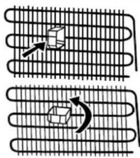 Diagram illustrating fluid flow between two curved heat exchangers with directional arrows indicating flow direction.