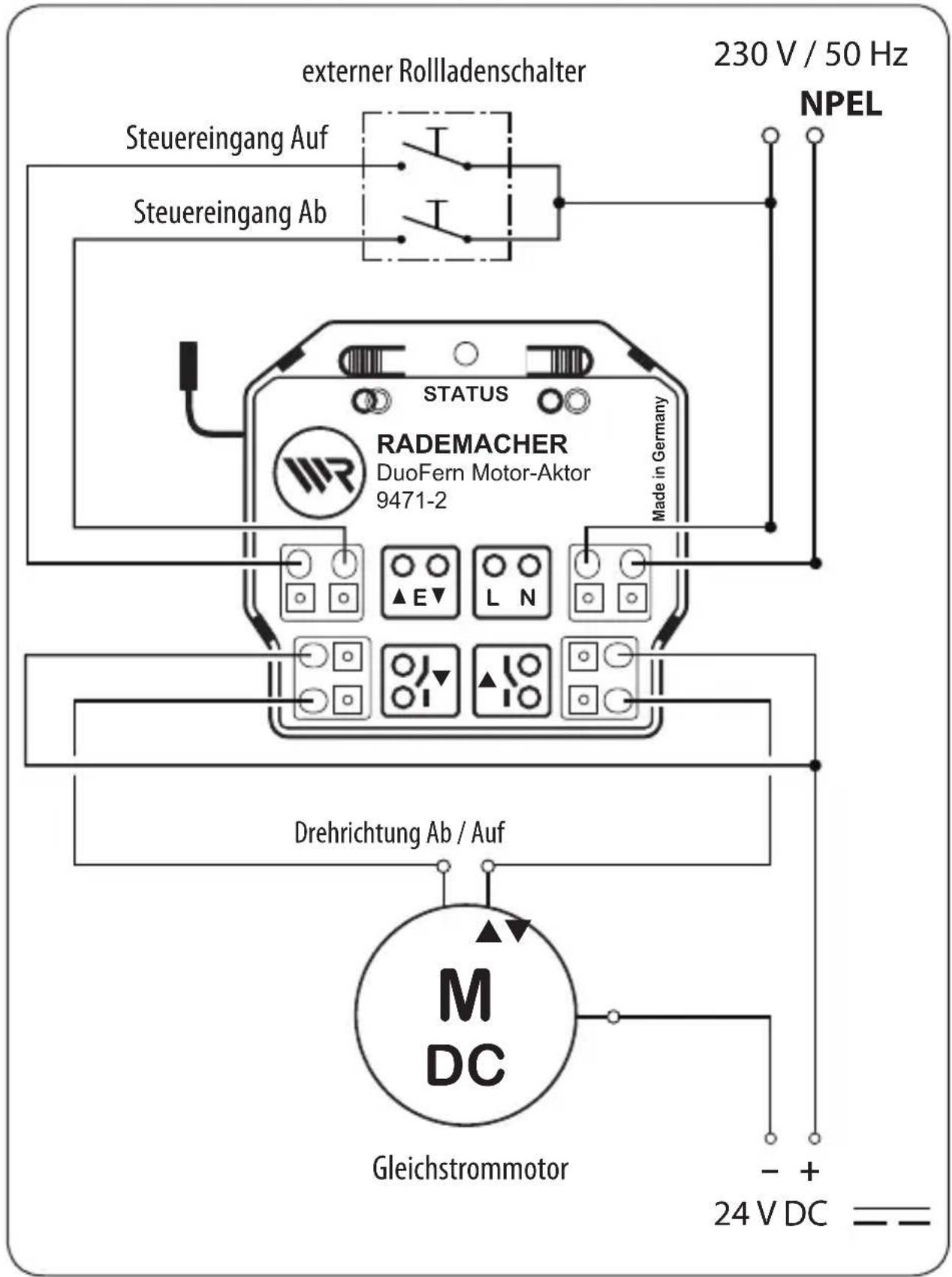 externer Rollladenschalter 230 V / 50 Hz NPEL Steuereingang Auf Steuereingang Ab STATUS RADEMACHER DuoFern Motor-Aktor 9471-2 Made in Germany Drehrichtung Ab / Auf M DC Gleichstrommotor - + - 24 V DC