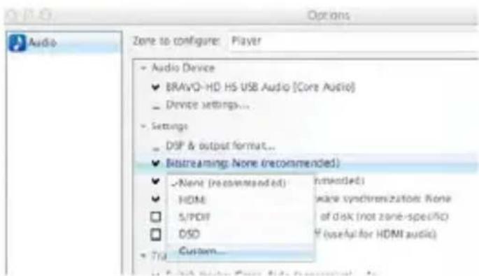 Audio Zone to configure: Player Audio Device BRAVQ-HD HS USB Audio [Core Audio] Device settings... Settings DSP & output format... Bitstreaming: None (recommended) -None (recommended) Not recommended HDMI Wide synchronization: None 5/PDF of disk (not zone-specific) DSD if (useful for HDMI audio) Custom...