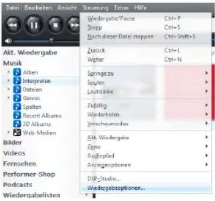 Datei Bearbeiten Ansicht Steuerung Extras Hilfe Akt. Wiedergabe Musik Alben Interpretan Dateien Gauss Spalten Recent Albums 3D Albums Web-Medien Bilder Videos Fernsehen Performer-Shop Podcasts Wiedergabelisten Wiedergabe/Pause Ctrl+P Stopp Ctrl+S Nach dieser Datei steppen Ctrl+Shift+S Zurück Ctrl+L Writer Ctrl+N Springe zu Spylen Laufstände Zufällig Wiederholen Vorschaumodus Akt. Wiedergabe Zone Audiopfad Anzeigeoptionen DSP-Studio... Wiedergabeoptionen...
