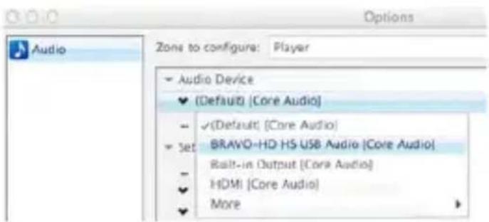 Audio Zone to configure: Player Audio Device (Default) [Core Audio] (Default) [Core Audio] Set BRAVO-HD HS USB Audio [Core Audio] Built-in Output [Core Audio] HDMI [Core Audio] More