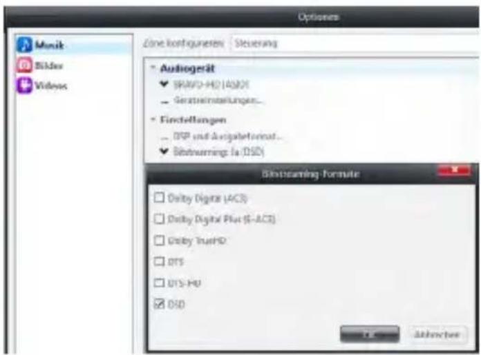 Options Music Slider Videos Zone kontinquenten Steuerung • Audiogerät ✓ BRAVO-HD (AOS) - Geräumeinklungen... • Finstellungen - DSP und Ausigabetformat... ✓ Signalwarming fa (DSD) Signalwarming Formate □ Delby Digital (ACI) □ Delby Digital Plus (S-ACI) □ Delby TrueHD □ OTS □ OTS-HV ☑ DSD OK Selective