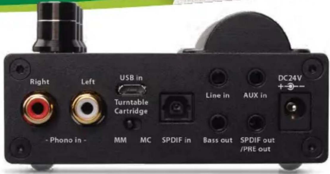 Right Left USB in Turntable Cartridge - Phono in - MM MC SPDIF in Line in AUX in Bass out SPDIF out /PRE out DC24V