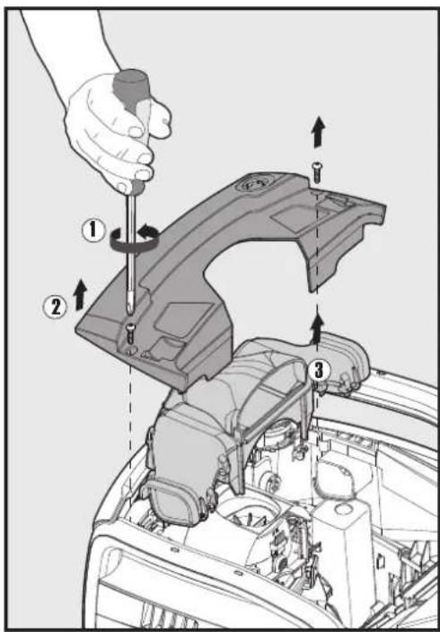 Technical diagram showing a hand using a tool to adjust components in an automotive engine, with numbered parts and directional arrows indicating assembly steps.