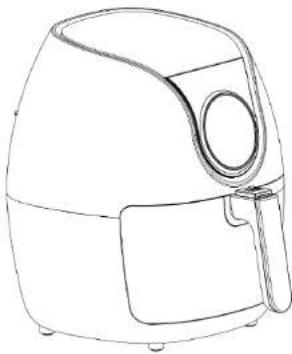 Line drawing of a standard air fryer with handle and side panel (no text or symbols)