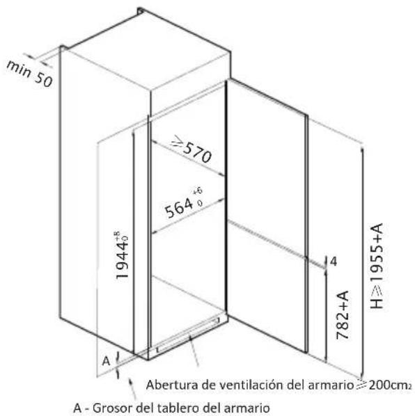 min 50 ≥570 564⁺⁶₀ 1944⁺⁶₀ A Abertura de ventilación del armario ≥200cm² A - Grosor del tablero del armario H≥1955+A 782+A