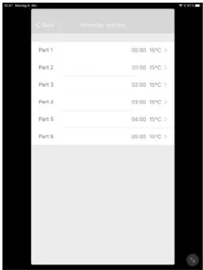 12:47 Meeting & 06:0 Back Wednesday setpoint Part 1 00:00 15°C > Part 2 01:00 15°C > Part 3 02:00 15°C > Part 4 03:00 15°C > Part 5 04:00 15°C > Part 6 05:00 15°C >