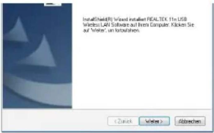 InstallShield(R) Wizard installiert REALTEK 11m USB Wireless LAN Software auf Ihren Computer. Klicken Sie auf 'Weiler', um kortaufahen. Weiler > Abbrechen