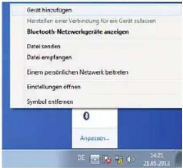 Gerät hinzufügen Herstellen einer Verbindung für ein Gerät zulassen Bluetooth-Netzwerkgeräte anzeigen Datei senden Datei empfangen Einem persönlichen Netzwerk beitreten Einstellungen öffnen Symbol entfernen 0 Anpassen- DE 14:21 21.05.2013