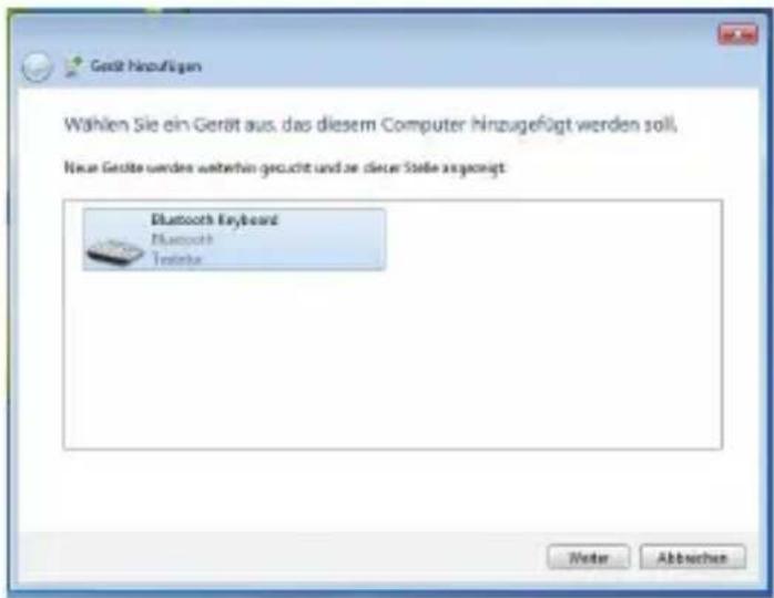 Gewicht Hinzufügen Wählen Sie ein Gerät aus, das diesem Computer hinzugefügt werden soll, Neue Gewöte werden weiterhin gesucht und ze dieser Stelle angezeigt. Bluetooth Keyboard Bluetooth Testika Note Abbrachen