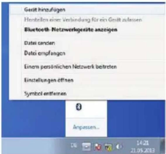 Gerät hinzufügen Hentellen einer Verbindung für ein Gerät zulassen Bluetooth- Netzwerkgeräte anzeigen Datei senden Datei empfangen Einem persönlichen Netzwerk beitreten Einstellungen öffnen Symbol entfernen Anpassen...