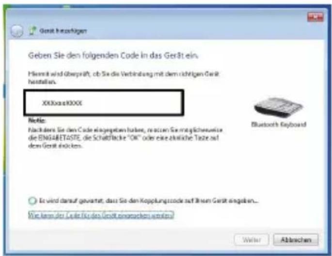 Geben Sie den folgenden Code in das Gerät ein. Hiermit wird überprüft, ob Sie die Verbindung mit dem richtigen Gerät hastellen. XX.XossXXXX Note: Nachdem Sie den Code eingegeben habe, realien Sie möglichenswerte die ENSGARETASTE, die Schaffläche "OK" oder eine ähnliche Taste auf dem Gerät stücken. Bluetooth Keyboard © Er wird darauf gewartet, dass Sie den Koppfungscode auf Ihrem Gerät eingaben... Wir kann der Code für den Gewicht anpasschen winkler. Writer Abgaben