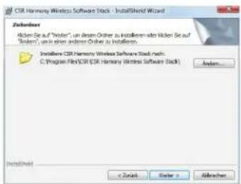 C38 Harmony Wireless Software Stack - InstallShield Wizard Zubindiner Kiden Sie auf "Water", un diesen Order to installieren oder Kiden Sie auf "Water", un einen anderen Order to installieren. Installere C38 Harmony Wireless Software Stack, nach: C:\Program Files\C38 Harmony Wireless Software Stack\... InstallShield < Back Next > After/after