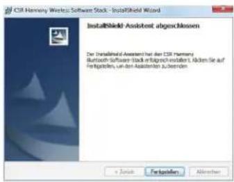 C3I Harmony Wireless Software Stack - InstallShield Wizard InstallShield Assistant abgeschlossen De InstallShield Assistant hat der C3I Harmony Burtroch Software Stack at Börsich instellen, Rücken Sie auf Frigposteln, um den Asistenten Subderen. e - Install Frigposteln Abfallen
