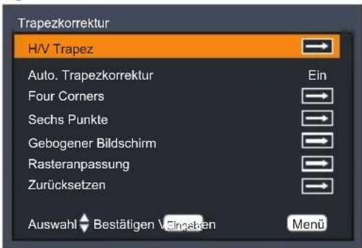 Trapezkorrektur H/V Trapez Auto. Trapezkorrektur Four Corners Sechs Punkte Gebogener Bildschirm Rasteranpassung Zurücksetzen Auswahl Bestätigen Einlagen Ein Menu